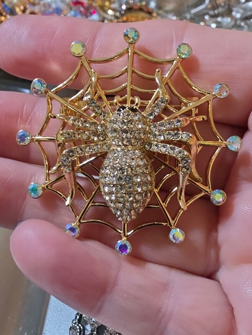 A44- Gold Crystal Spider Web Brooch - Sparkling Gold Tone Fashion Pin